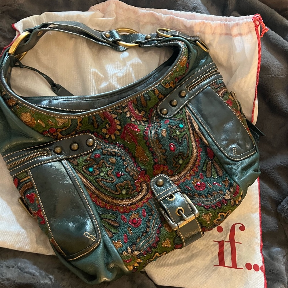 Isabella Fiore large bag, unique. Leather, embellished fabric. Never used